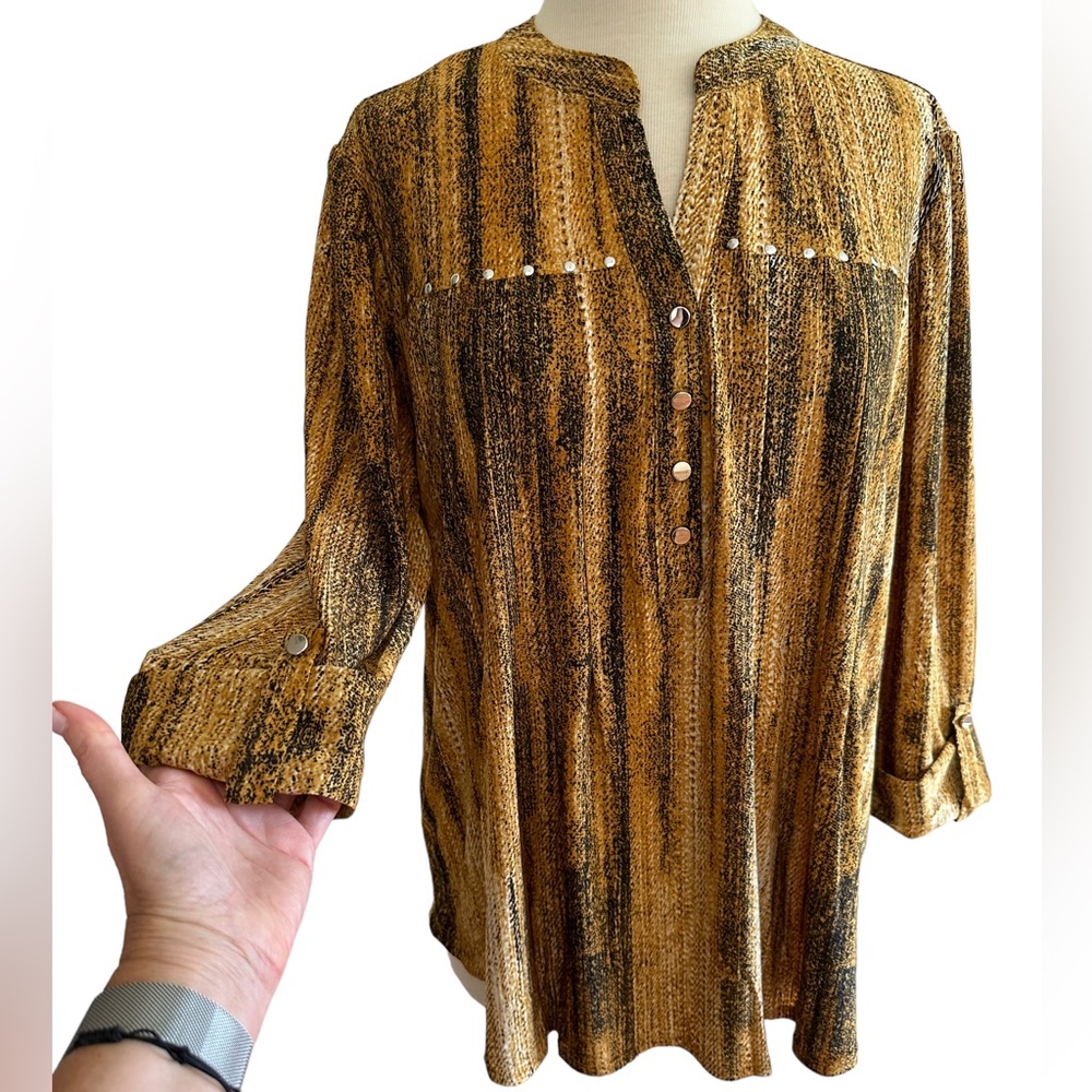 COCOMO XL Yellow Black 3/4 sleeve women’s Pintuck Blouse top shirt tunic - Picture 4 of 12